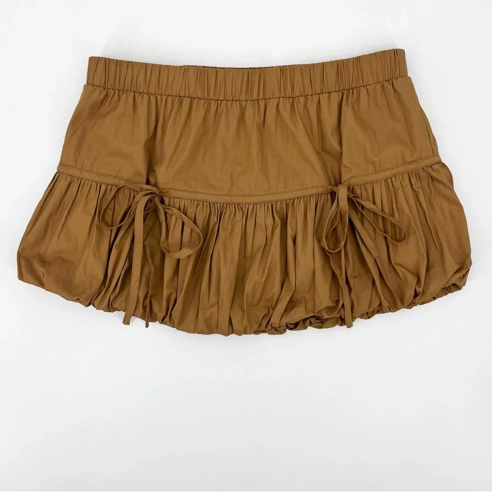 Cherry Mellow 100% Cotton Brown Y2K Ruched Bubble Bow Mini Skirt Size Large